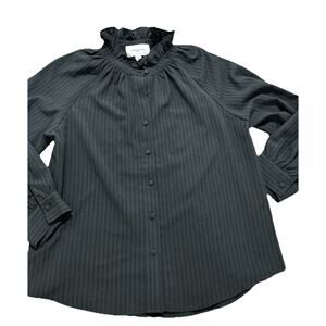 Pomander Place by Tuckernuck Black Stripe Blouse sz M Ruffle Collar Button Front